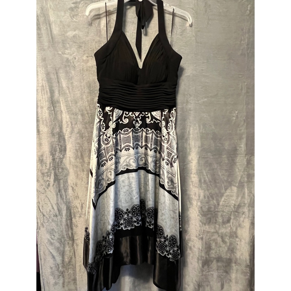 Ombre Black White Halter Midi Dress Size 14 Boho Paisley Handkerchief Hem